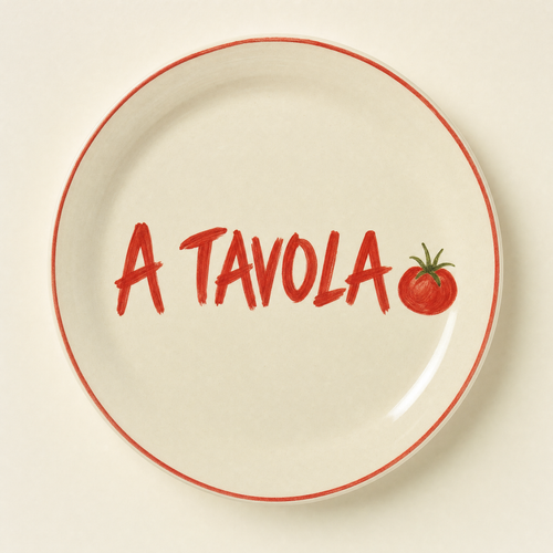 Ivory ceramic dinner plate hand-lettered A Tavola in tomato red with a painted tomato