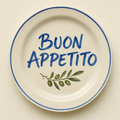 Ivory ceramic dinner plate hand-lettered Buon Appetito in cobalt with an olive sprig