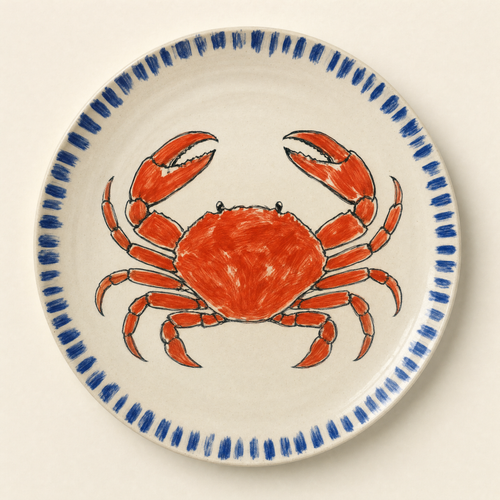 Ivory ceramic dinner plate hand-painted with a red crab and a delft blue brush-stroke rim