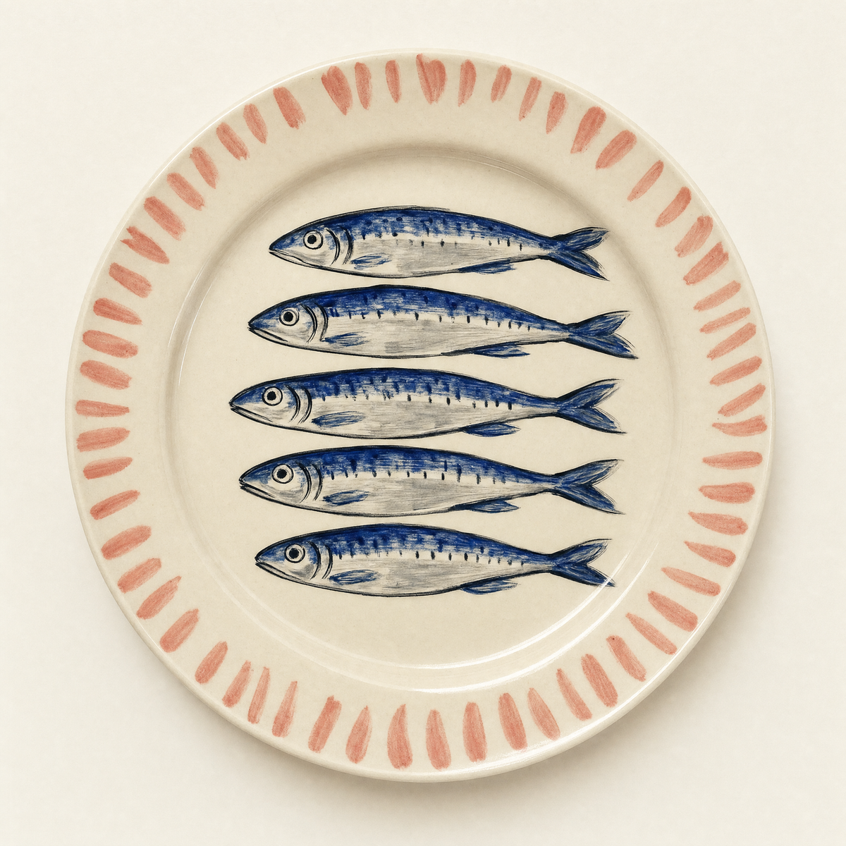 Ivory ceramic dinner plate hand-painted with five sardines and a coral brush-stroke rim